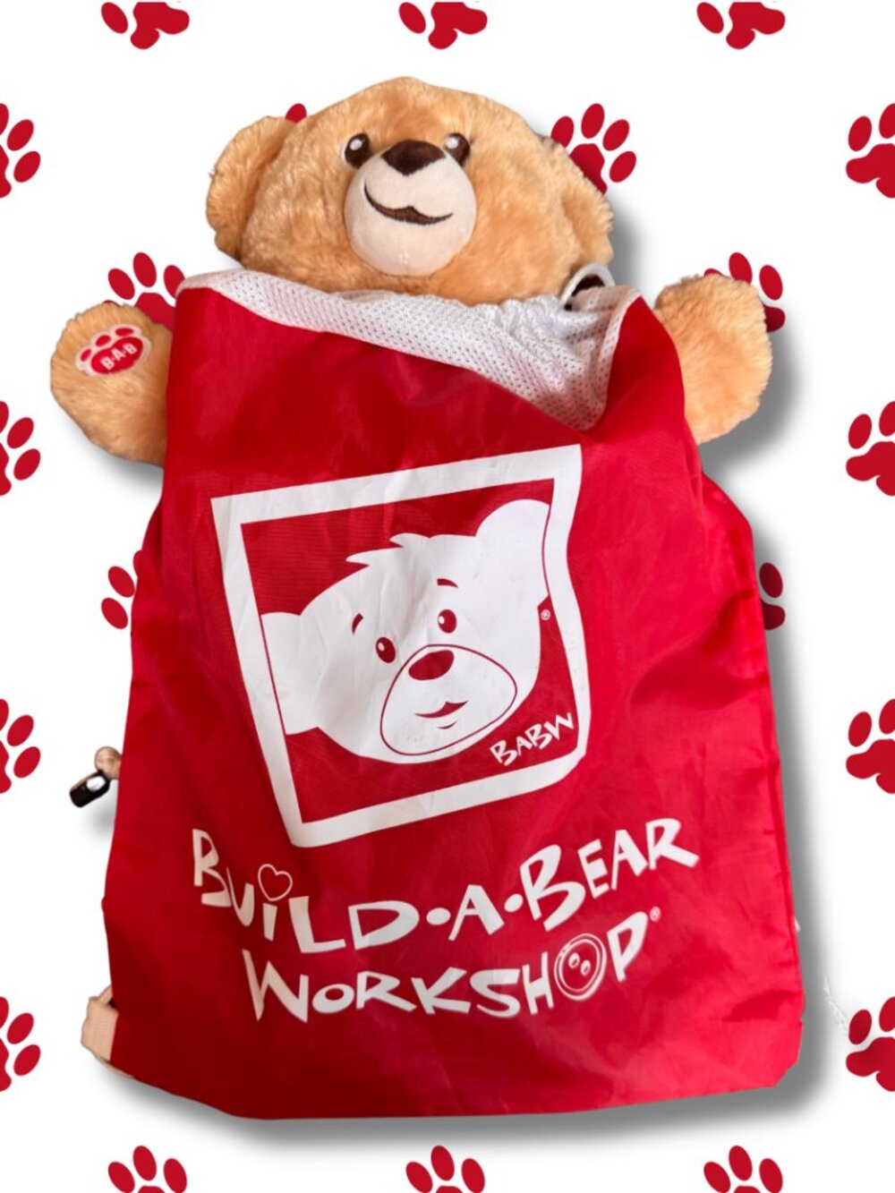 Build A Bear 2017 Beige Teddy Plush w Red BABW Backpack 15" EUC